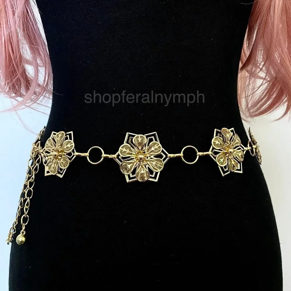 Gold Y2K Star Flower Open Ring Waist Chain Belt, Fits 23-41 Inches, X7GA1357